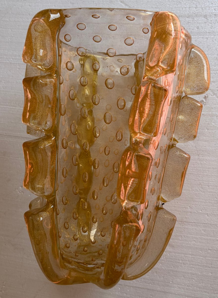 1970s Murano Crystal Vase With Gold Flakes, Unsigned, Barovier I Toso, H 36 X 26 Cm-photo-4