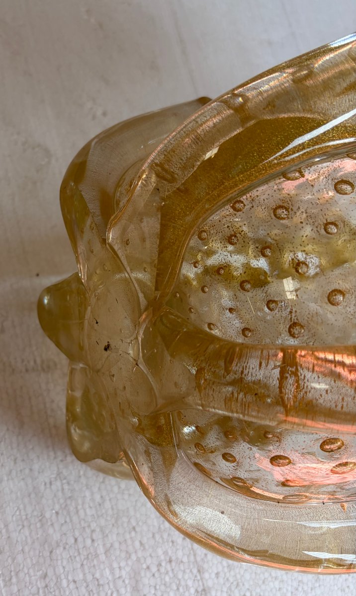 1970s Murano Crystal Vase With Gold Flakes, Unsigned, Barovier I Toso, H 36 X 26 Cm-photo-2