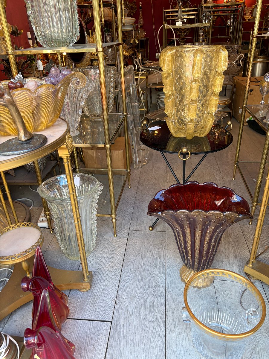 1970s Murano Crystal Vase With Gold Flakes, Unsigned, Barovier I Toso, H 36 X 26 Cm-photo-6