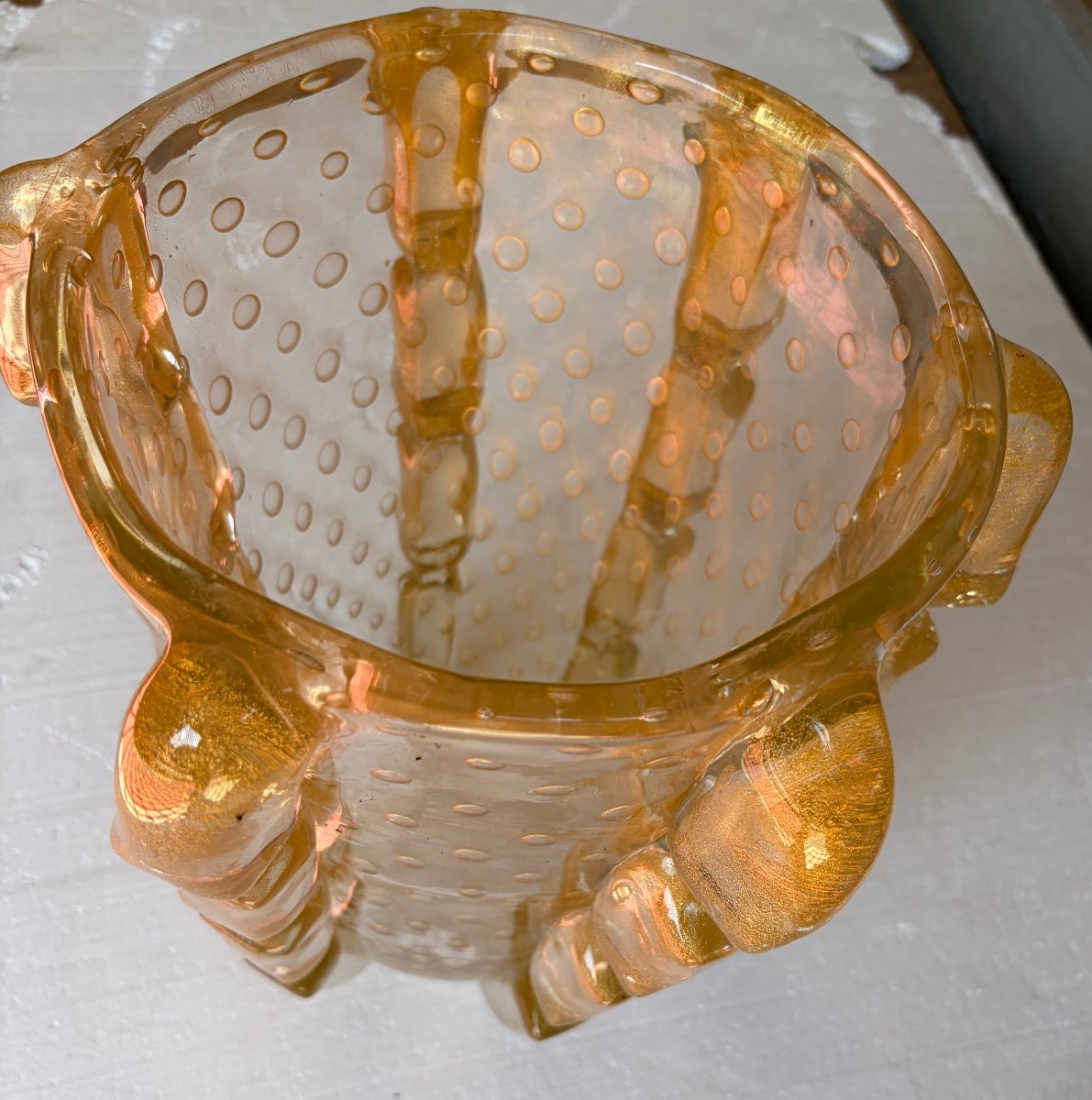 1970s Murano Crystal Vase With Gold Flakes, Unsigned, Barovier I Toso, H 36 X 26 Cm-photo-7