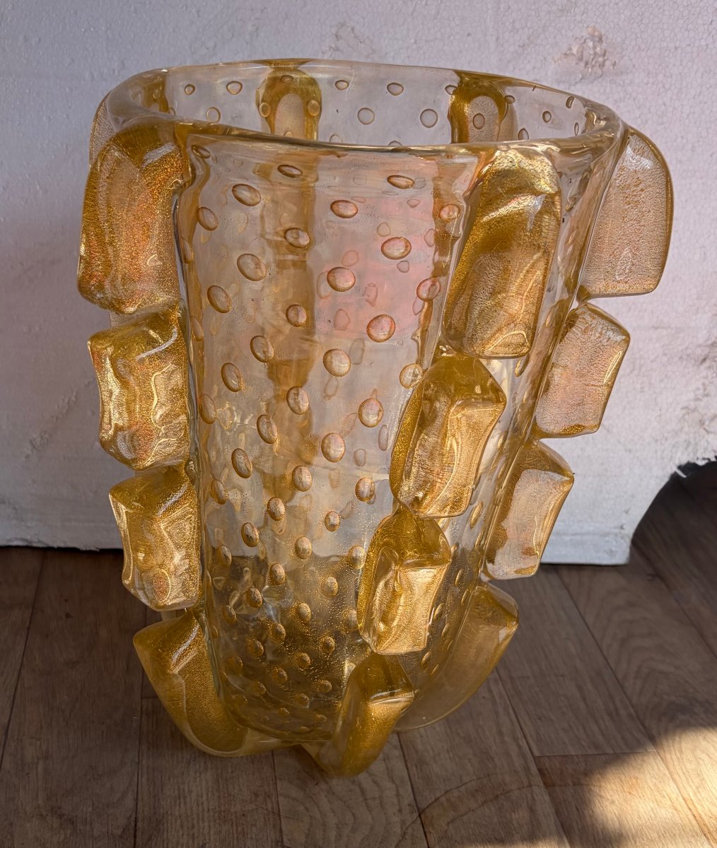 1970s Murano Crystal Vase With Gold Flakes, Unsigned, Barovier I Toso, H 36 X 26 Cm