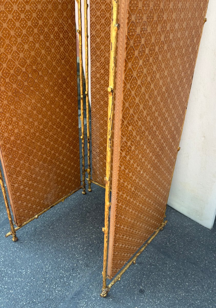1950s Agostini-style Gilded Wrought-iron Screen With Leather-covered Panels-photo-2