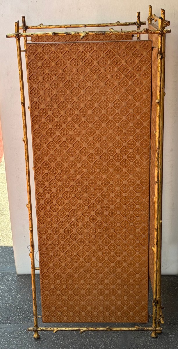 1950s Agostini-style Gilded Wrought-iron Screen With Leather-covered Panels-photo-4