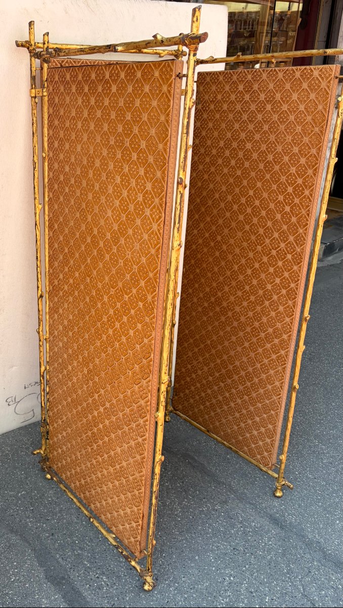1950s Agostini-style Gilded Wrought-iron Screen With Leather-covered Panels-photo-1
