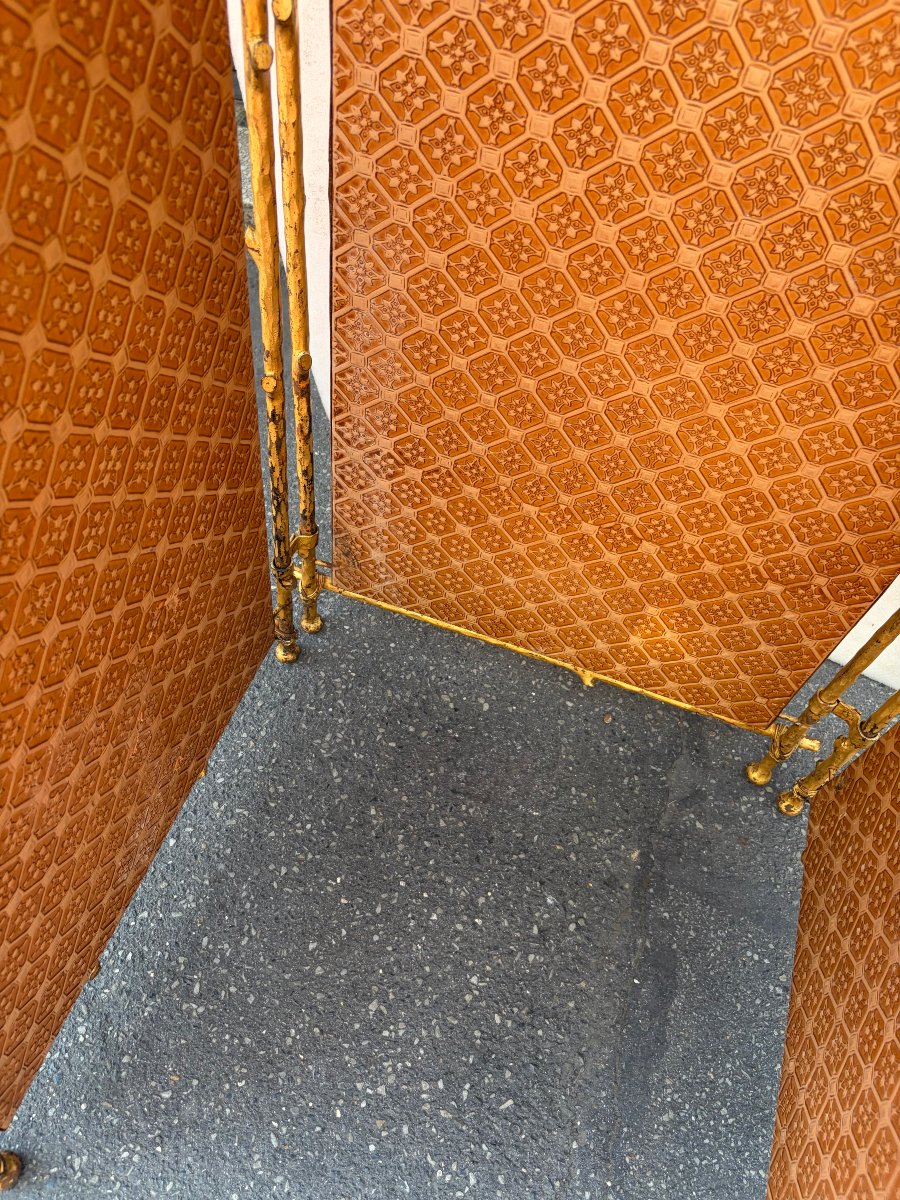 1950s Agostini-style Gilded Wrought-iron Screen With Leather-covered Panels-photo-6