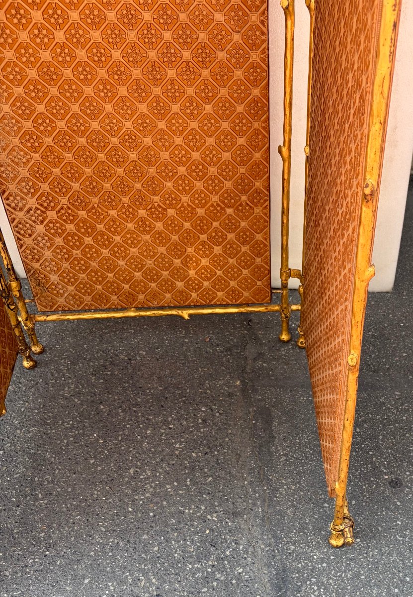1950s Agostini-style Gilded Wrought-iron Screen With Leather-covered Panels-photo-7