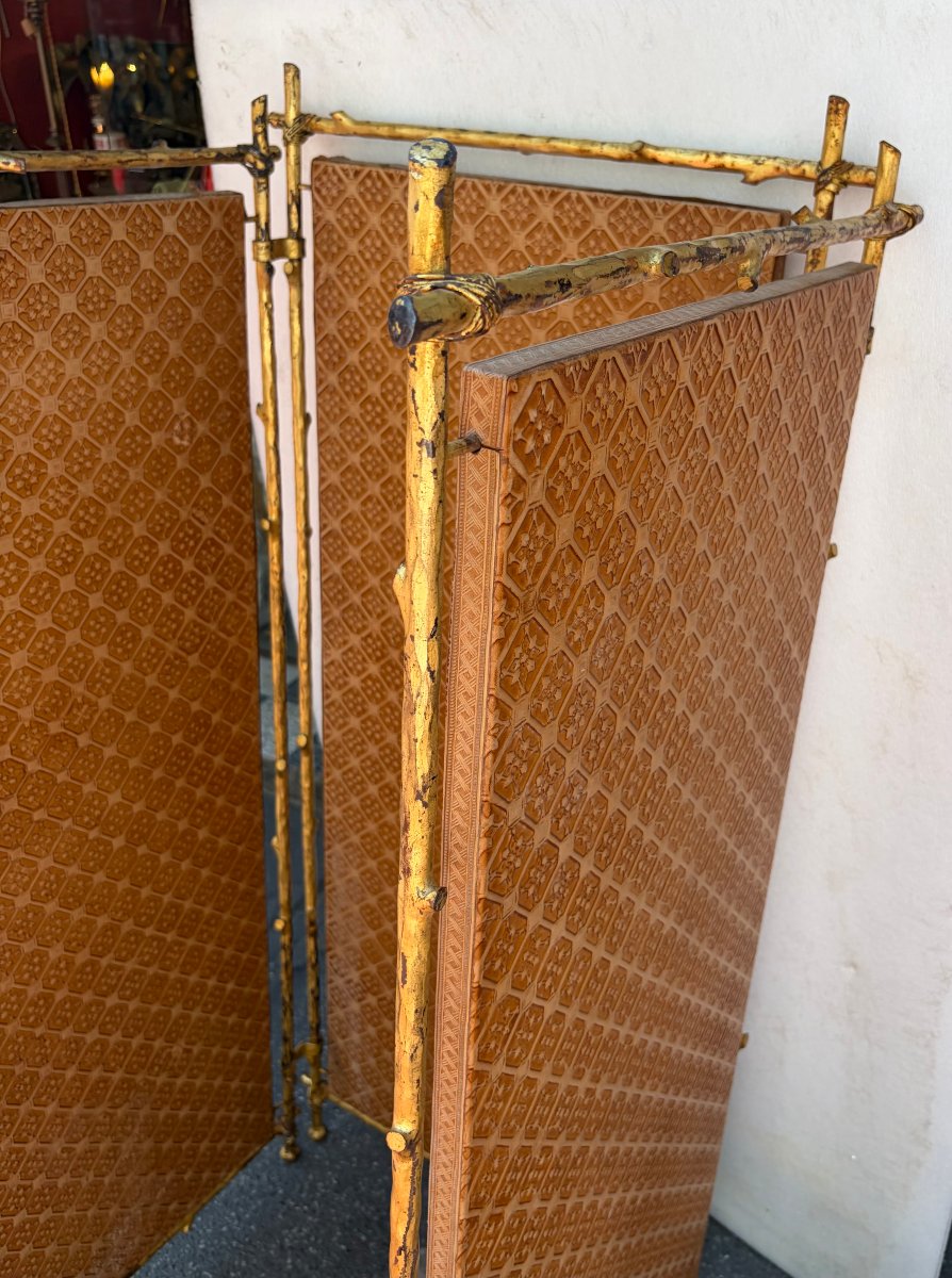 1950s Agostini-style Gilded Wrought-iron Screen With Leather-covered Panels-photo-8