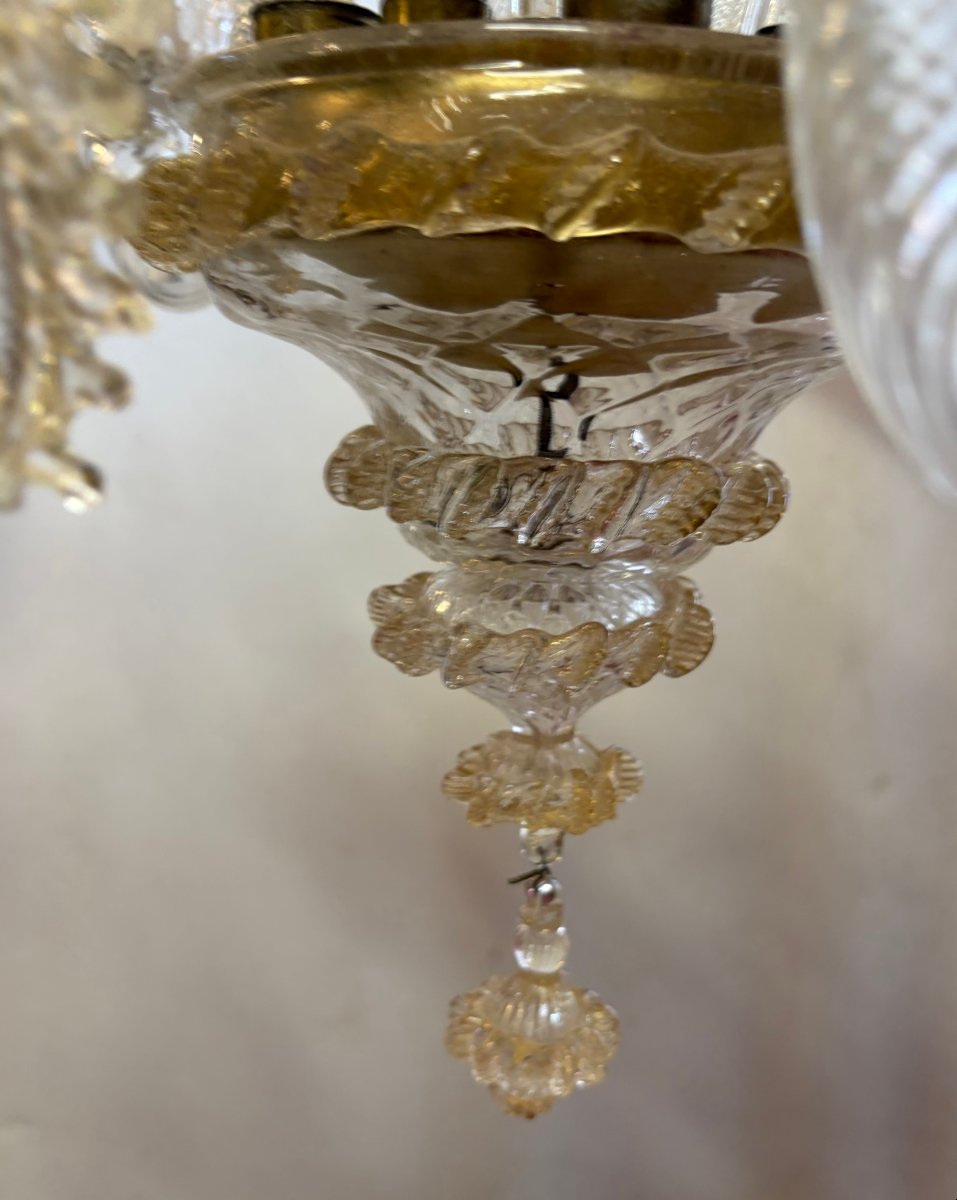 1950′ Lustre Cristal Murano Avec Inclusions Feuilles d’Or 5 Branches H 65 Ø 51 cm-photo-2