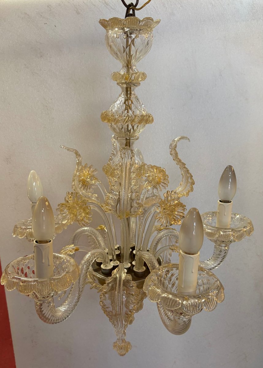 1950′ Lustre Cristal Murano Avec Inclusions Feuilles d’Or 5 Branches H 65 Ø 51 cm-photo-3