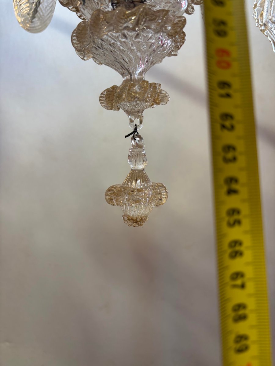 1950′ Lustre Cristal Murano Avec Inclusions Feuilles d’Or 5 Branches H 65 Ø 51 cm-photo-4