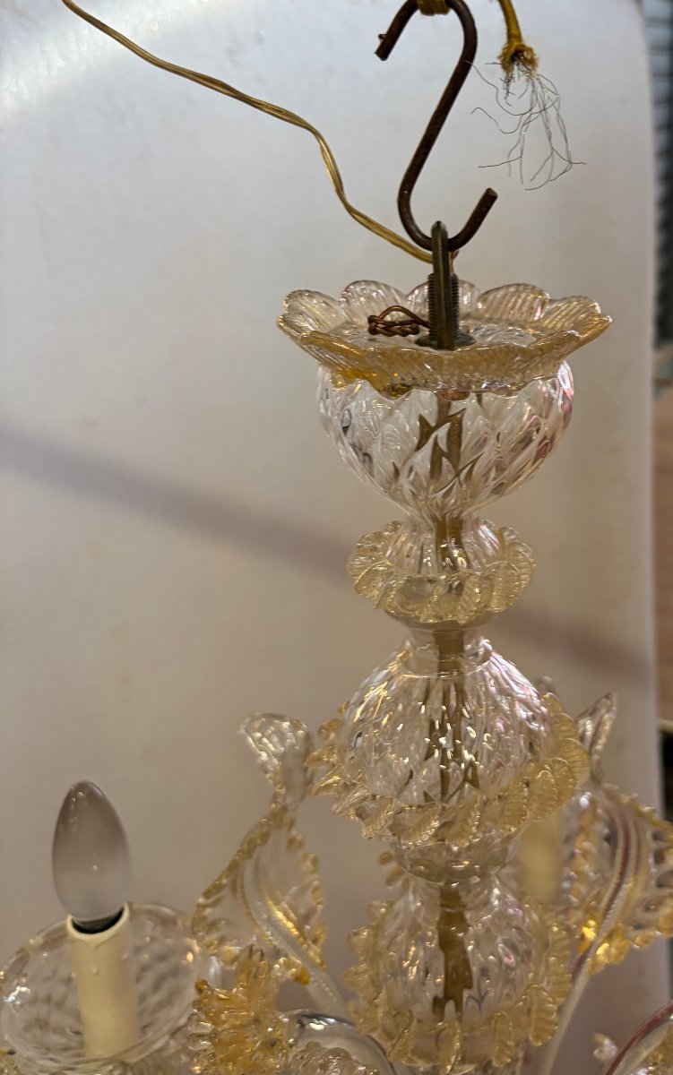 1950′ Lustre Cristal Murano Avec Inclusions Feuilles d’Or 5 Branches H 65 Ø 51 cm-photo-2