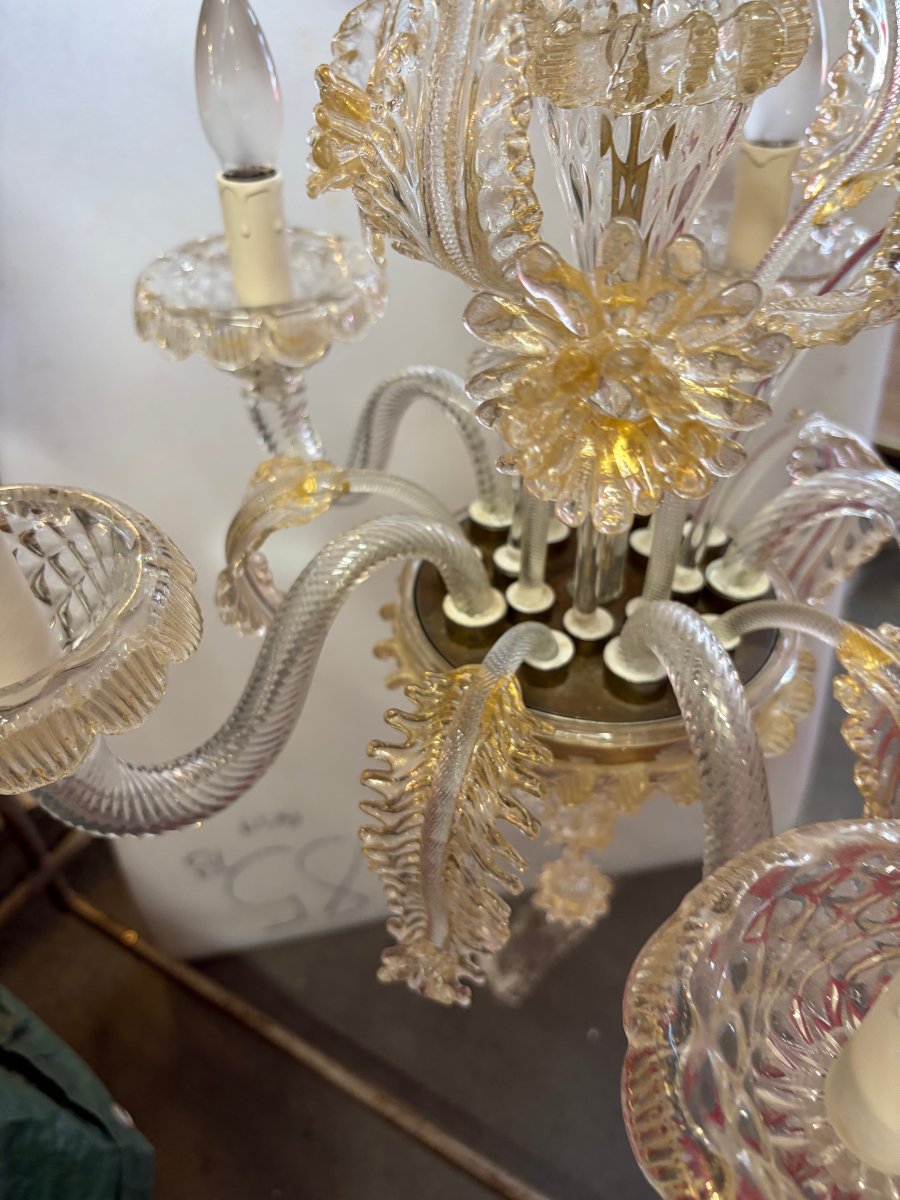 1950′ Lustre Cristal Murano Avec Inclusions Feuilles d’Or 5 Branches H 65 Ø 51 cm-photo-4