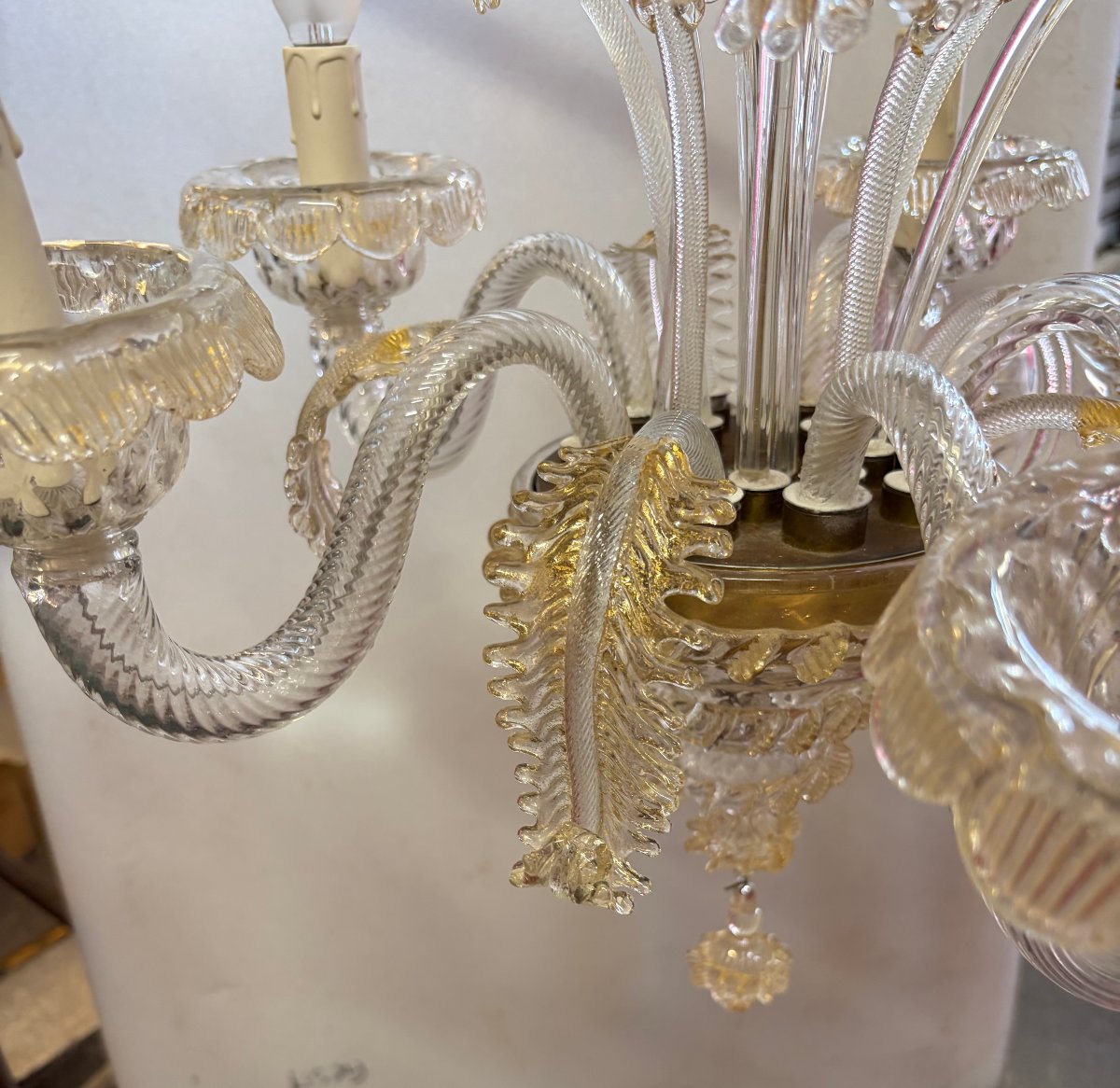 1950′ Lustre Cristal Murano Avec Inclusions Feuilles d’Or 5 Branches H 65 Ø 51 cm-photo-5