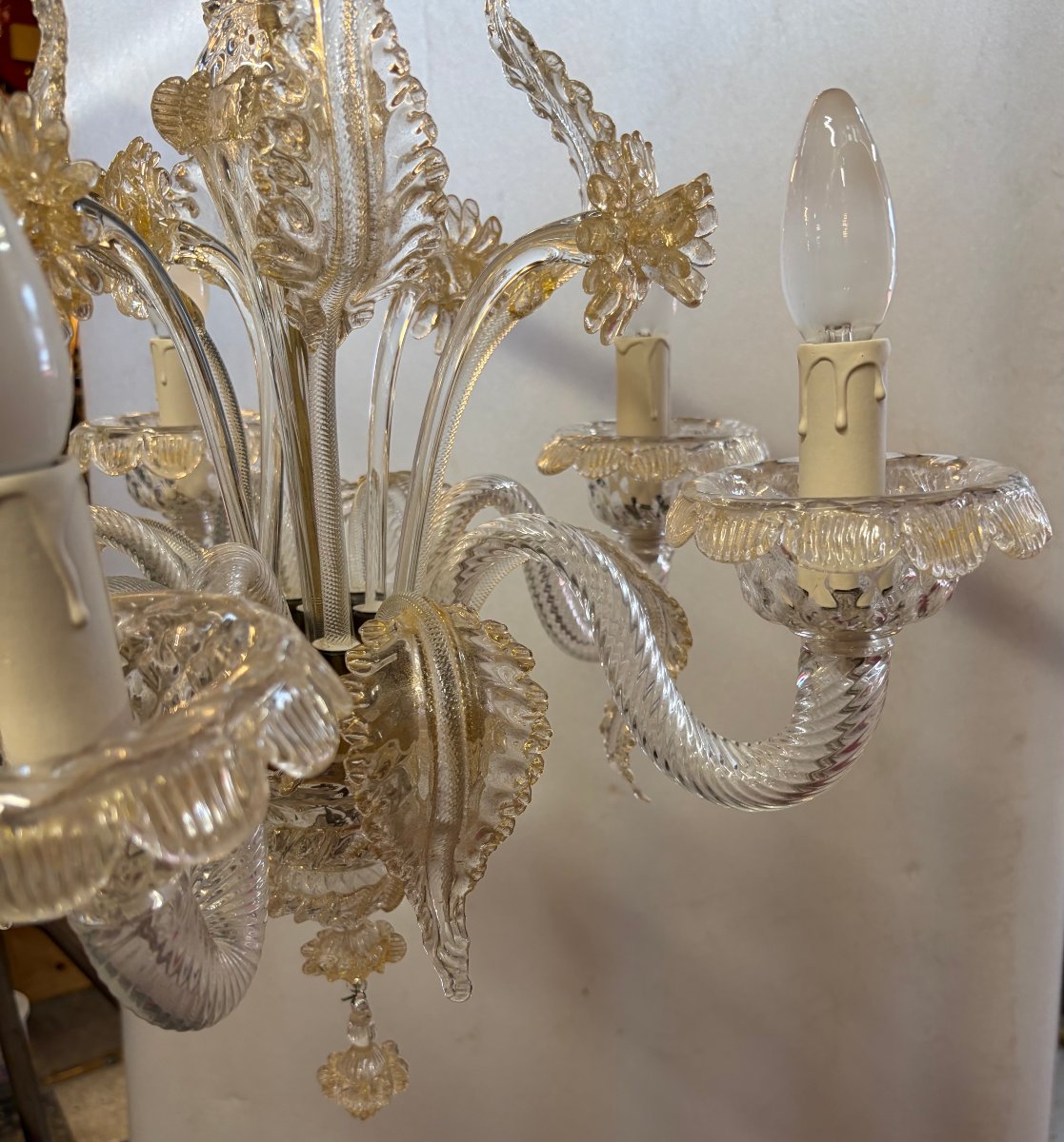 1950′ Lustre Cristal Murano Avec Inclusions Feuilles d’Or 5 Branches H 65 Ø 51 cm-photo-6