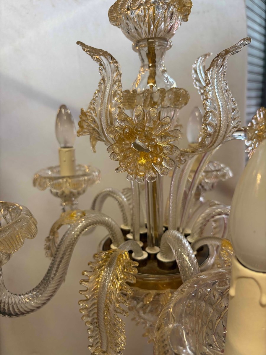 1950′ Lustre Cristal Murano Avec Inclusions Feuilles d’Or 5 Branches H 65 Ø 51 cm-photo-7