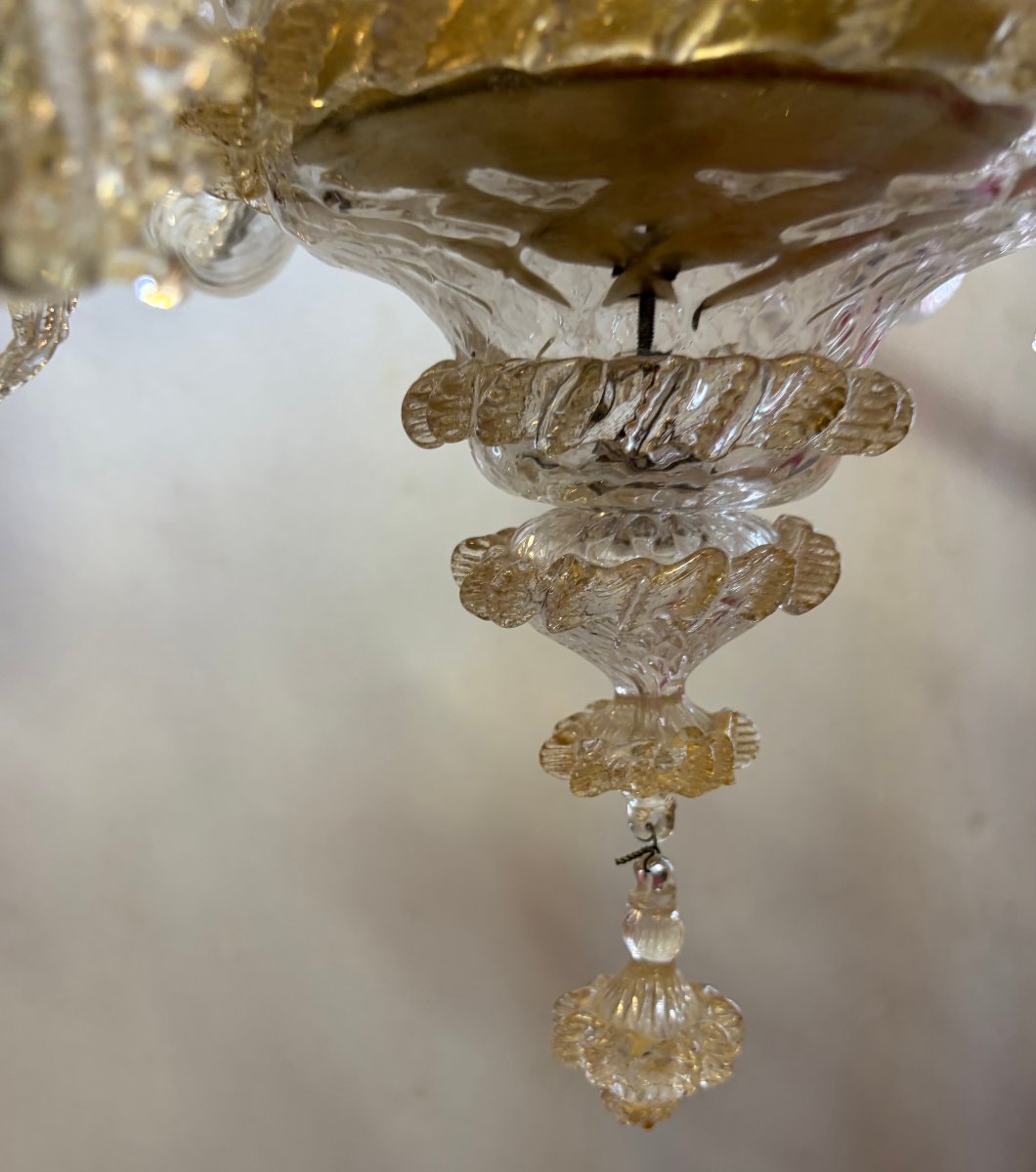 1950′ Lustre Cristal Murano Avec Inclusions Feuilles d’Or 5 Branches H 65 Ø 51 cm-photo-8