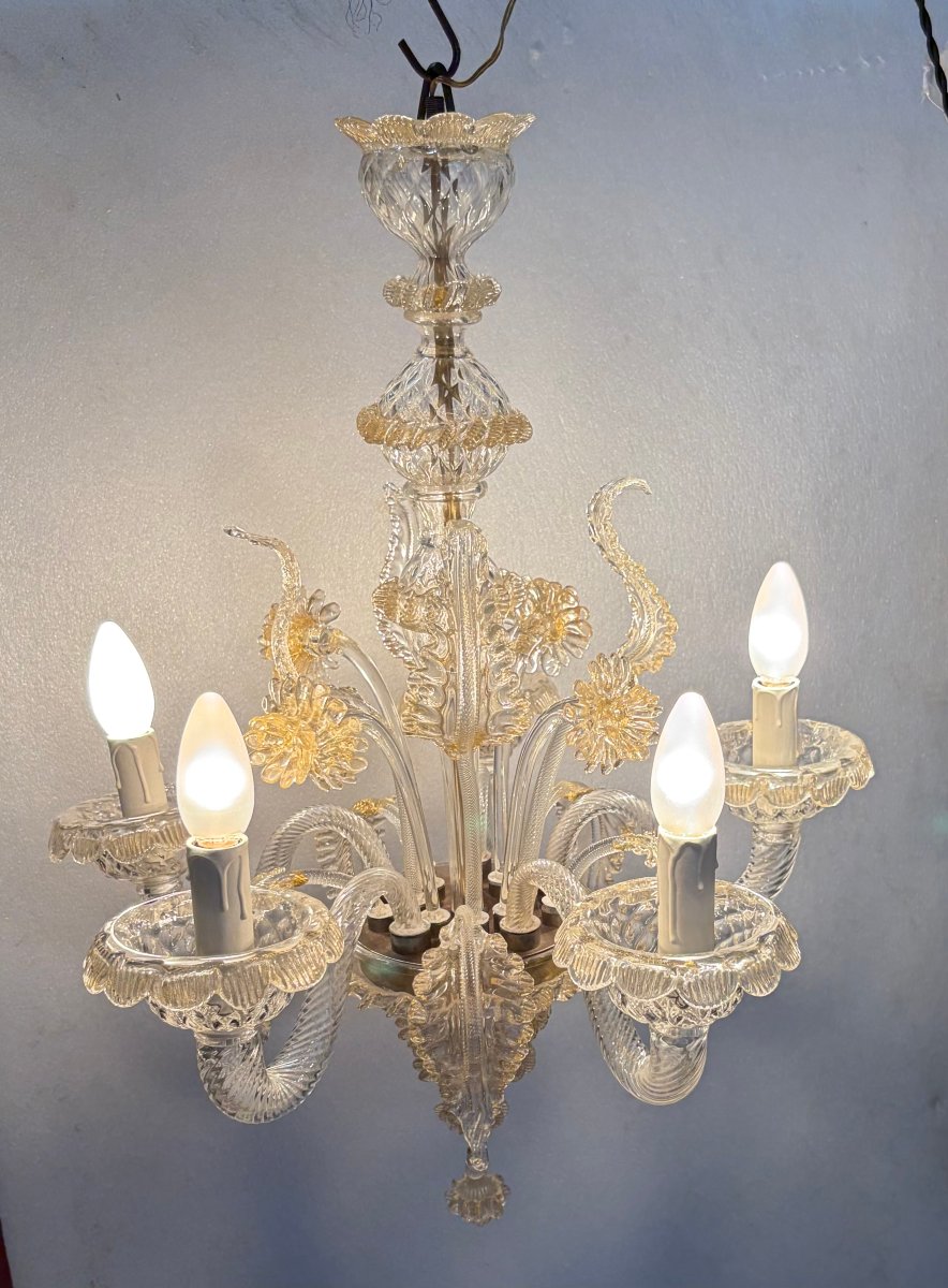 1950′ Lustre Cristal Murano Avec Inclusions Feuilles d’Or 5 Branches H 65 Ø 51 cm