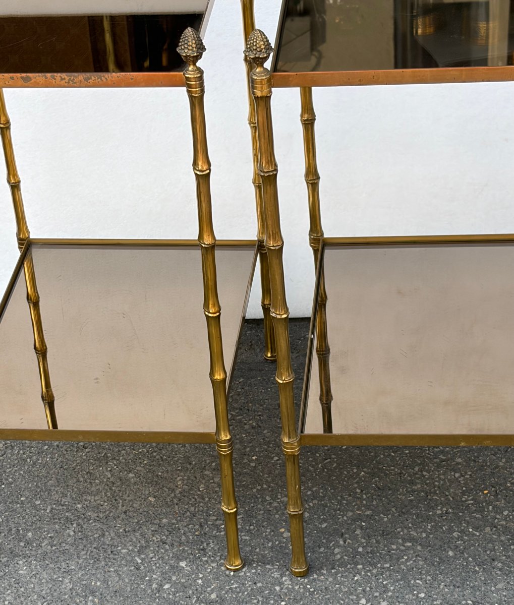 1950s Pair Of Maison Baguès Tables With Bamboo-patterned Bronze Decor, Smoked Glass Tops, 34 X 45 X H 66 Cm-photo-2