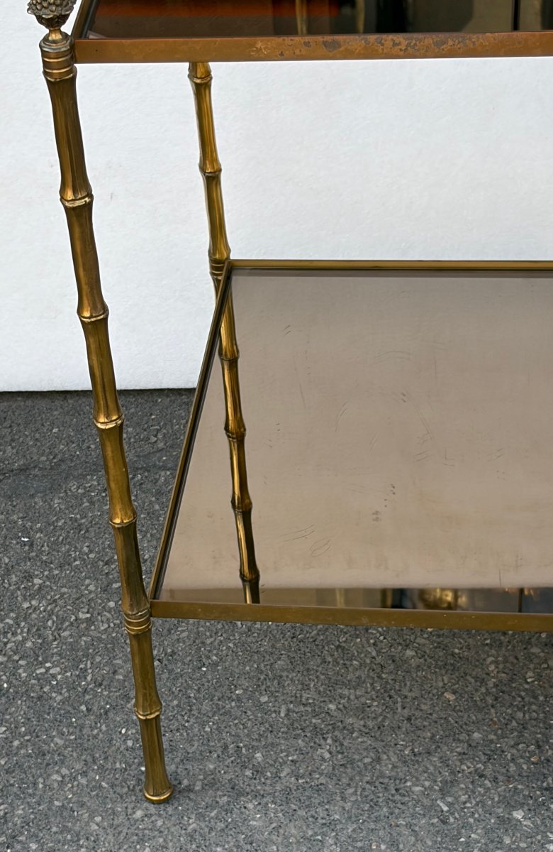 1950s Pair Of Maison Baguès Tables With Bamboo-patterned Bronze Decor, Smoked Glass Tops, 34 X 45 X H 66 Cm-photo-4