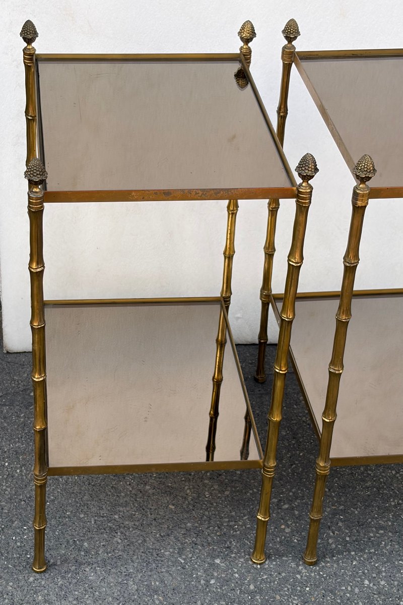 1950s Pair Of Maison Baguès Tables With Bamboo-patterned Bronze Decor, Smoked Glass Tops, 34 X 45 X H 66 Cm-photo-1