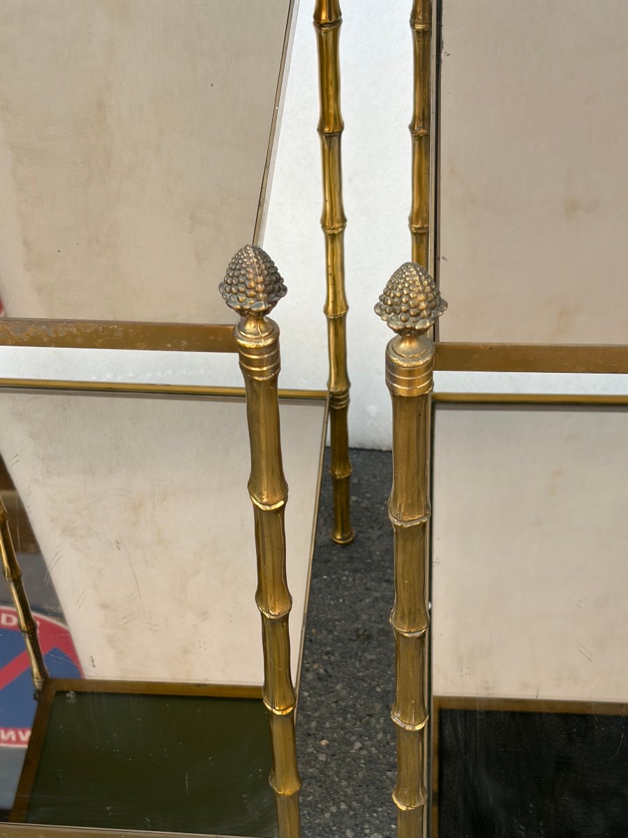 1950s Pair Of Maison Baguès Tables With Bamboo-patterned Bronze Decor, Smoked Glass Tops, 34 X 45 X H 66 Cm-photo-3