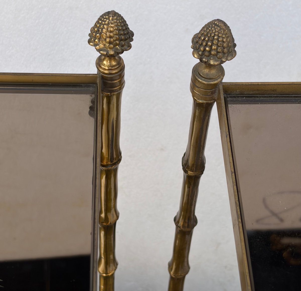 1950s Pair Of Maison Baguès Tables With Bamboo-patterned Bronze Decor, Smoked Glass Tops, 34 X 45 X H 66 Cm-photo-4