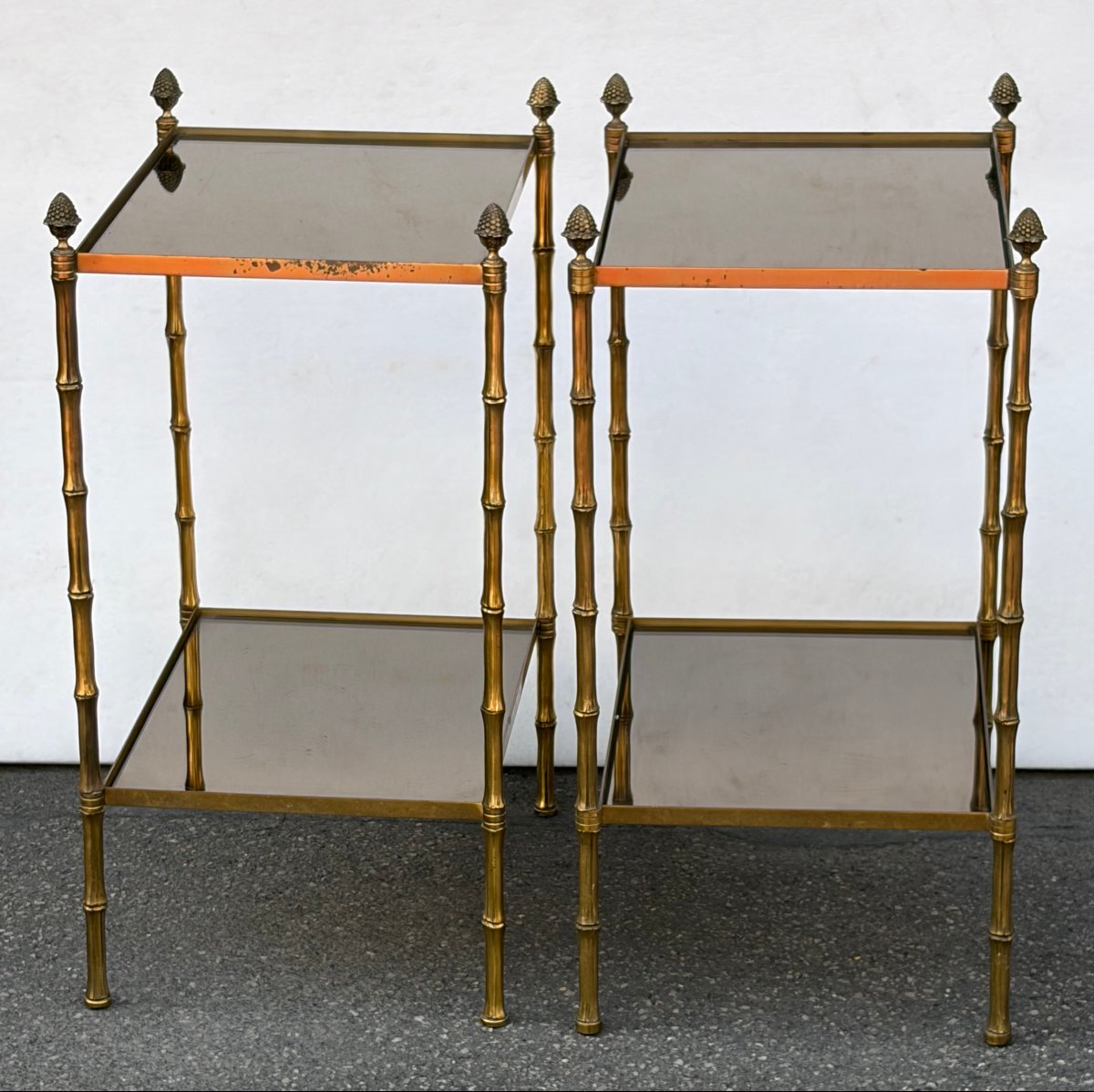 1950s Pair Of Maison Baguès Tables With Bamboo-patterned Bronze Decor, Smoked Glass Tops, 34 X 45 X H 66 Cm