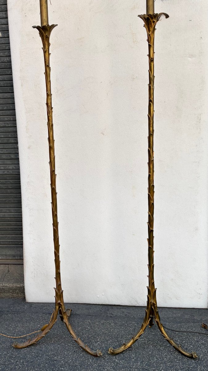 1970′ Paire de Lampadaires En Bronze Maison Bagués Decor Palmier H 160-photo-2