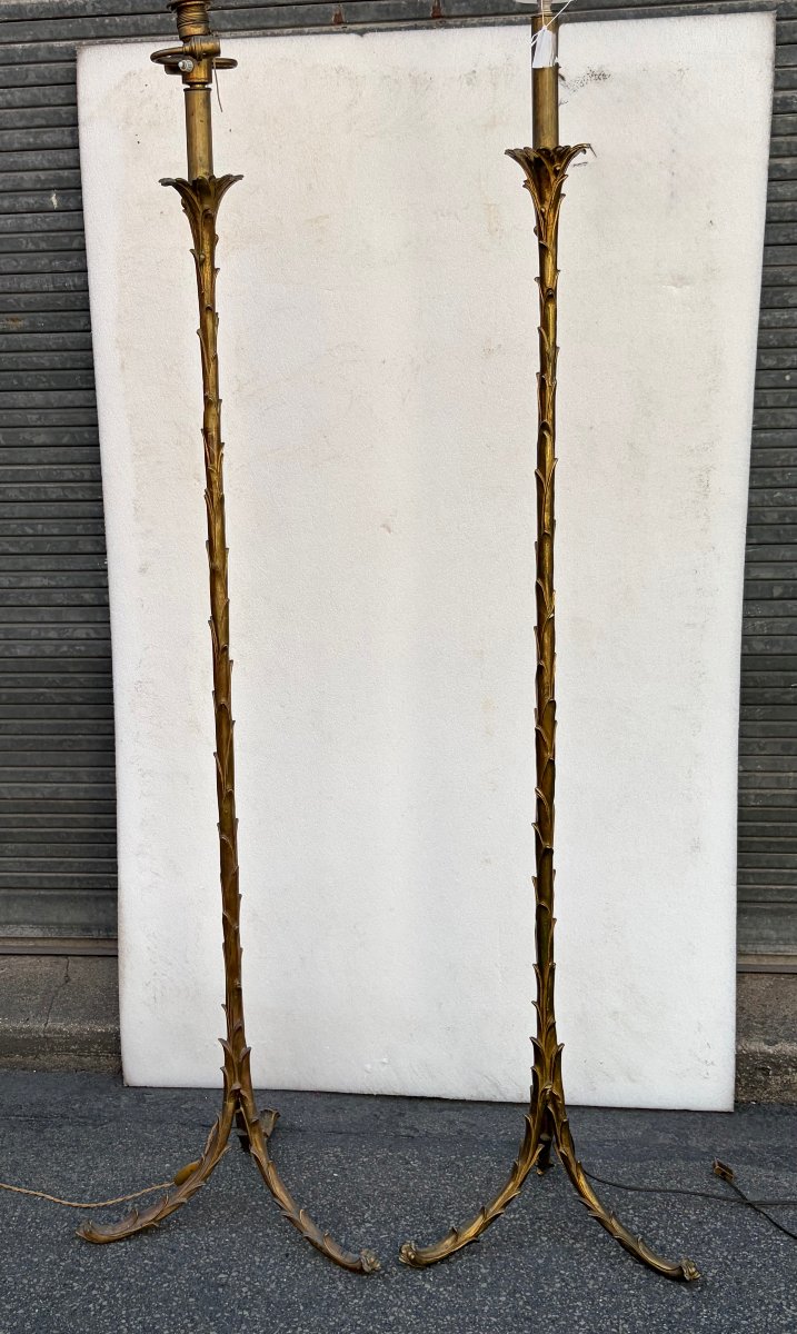 1970′ Paire de Lampadaires En Bronze Maison Bagués Decor Palmier H 160-photo-3