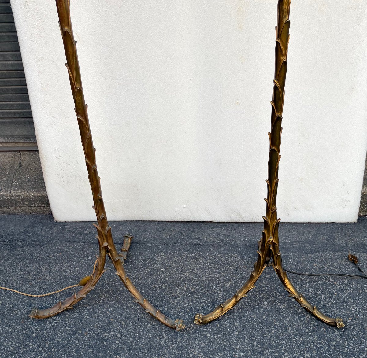 1970′ Paire de Lampadaires En Bronze Maison Bagués Decor Palmier H 160-photo-4
