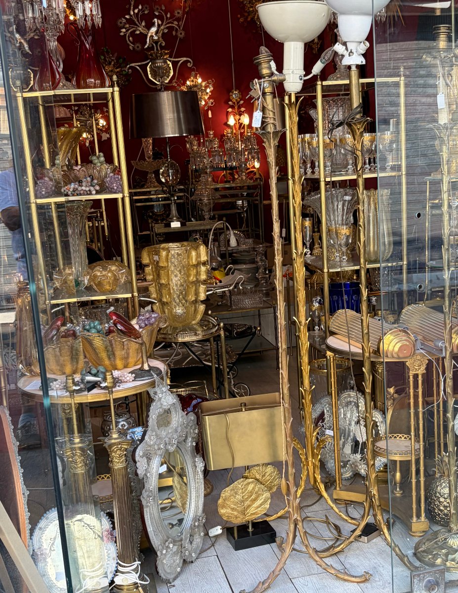 1970′ Paire de Lampadaires En Bronze Maison Bagués Decor Palmier H 160-photo-5