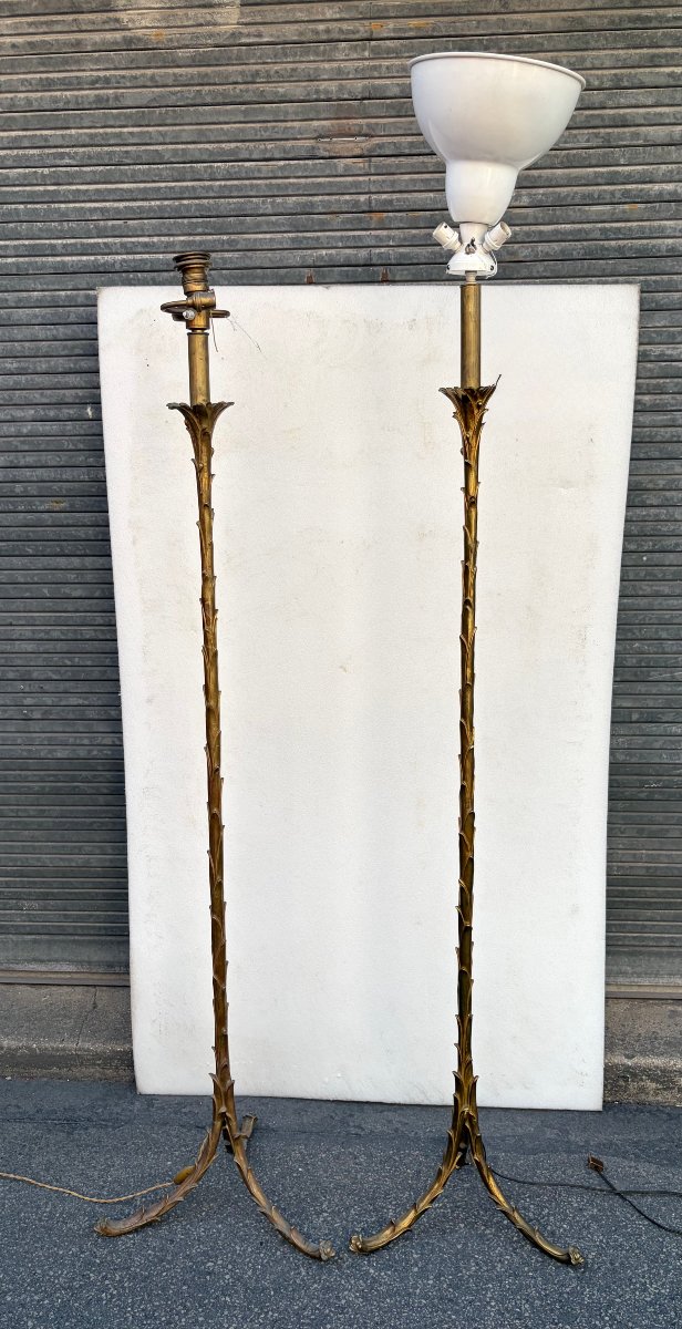 1970′ Paire de Lampadaires En Bronze Maison Bagués Decor Palmier H 160