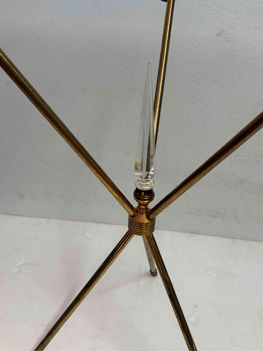 1950s Tripod Side Table Attributed To Jacques Adnet, Brass With Crystal Inlay, ø 60, H 70 Cm-photo-2