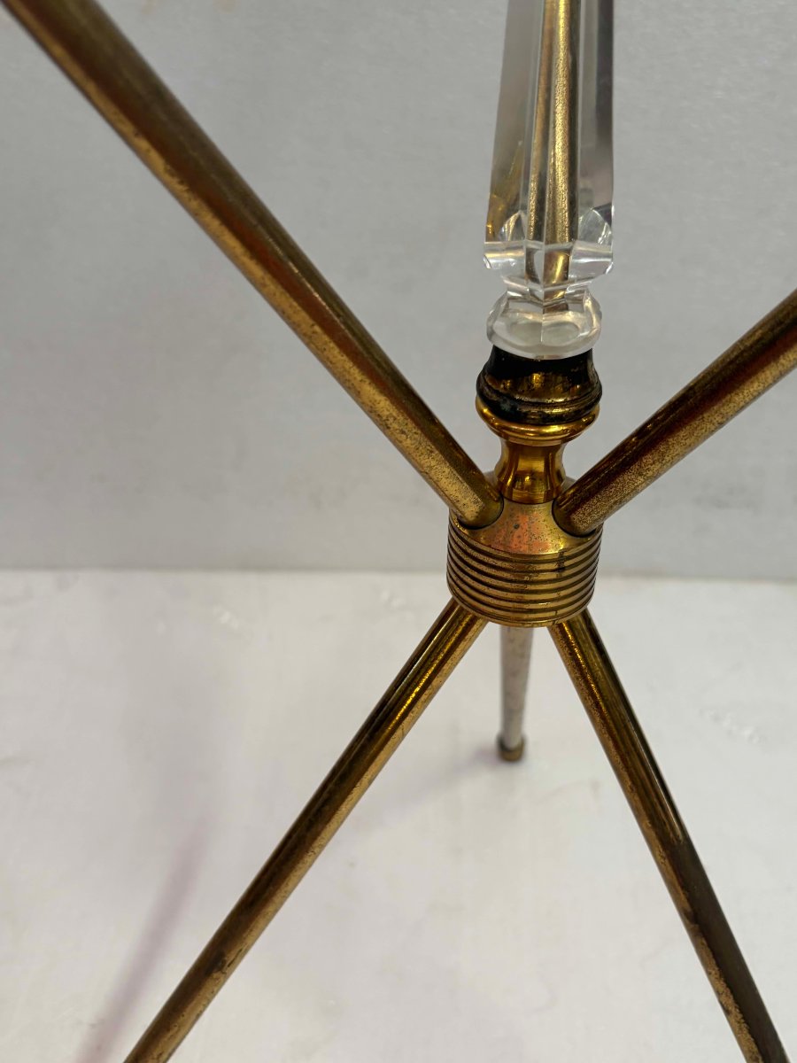 1950s Tripod Side Table Attributed To Jacques Adnet, Brass With Crystal Inlay, ø 60, H 70 Cm-photo-3