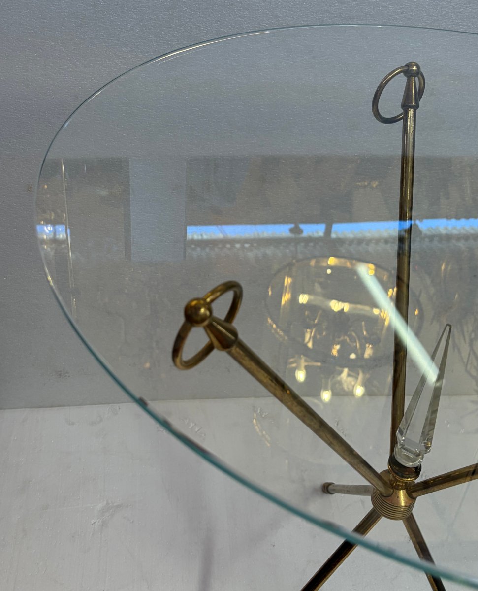 1950s Tripod Side Table Attributed To Jacques Adnet, Brass With Crystal Inlay, ø 60, H 70 Cm-photo-4