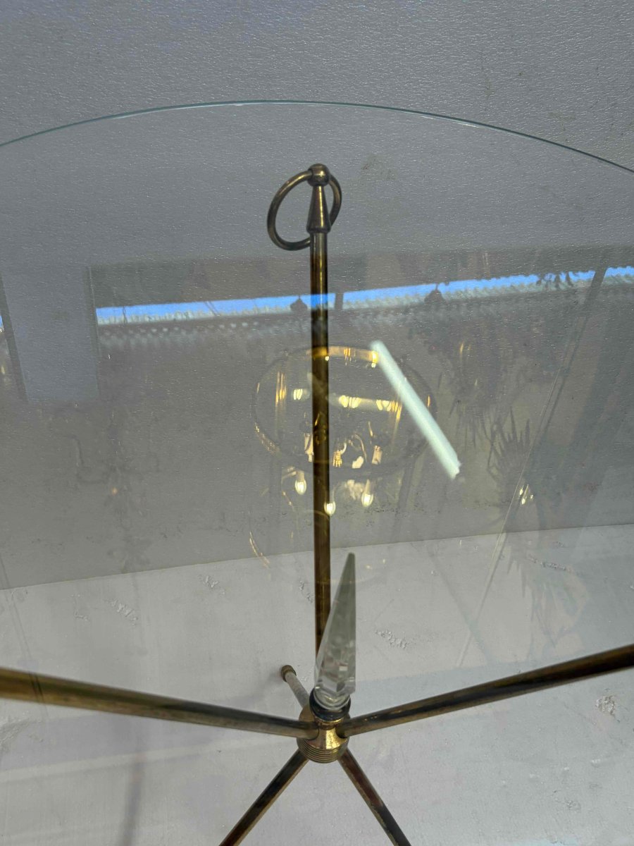 1950s Tripod Side Table Attributed To Jacques Adnet, Brass With Crystal Inlay, ø 60, H 70 Cm-photo-1
