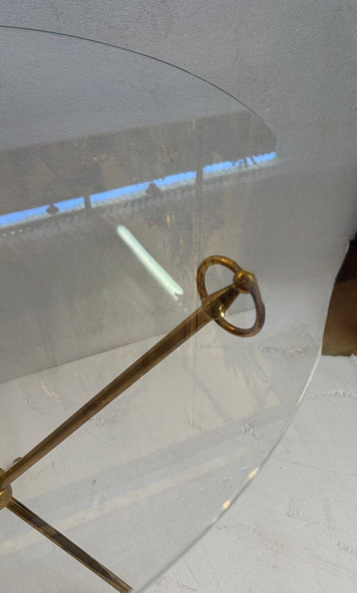 1950s Tripod Side Table Attributed To Jacques Adnet, Brass With Crystal Inlay, ø 60, H 70 Cm-photo-2