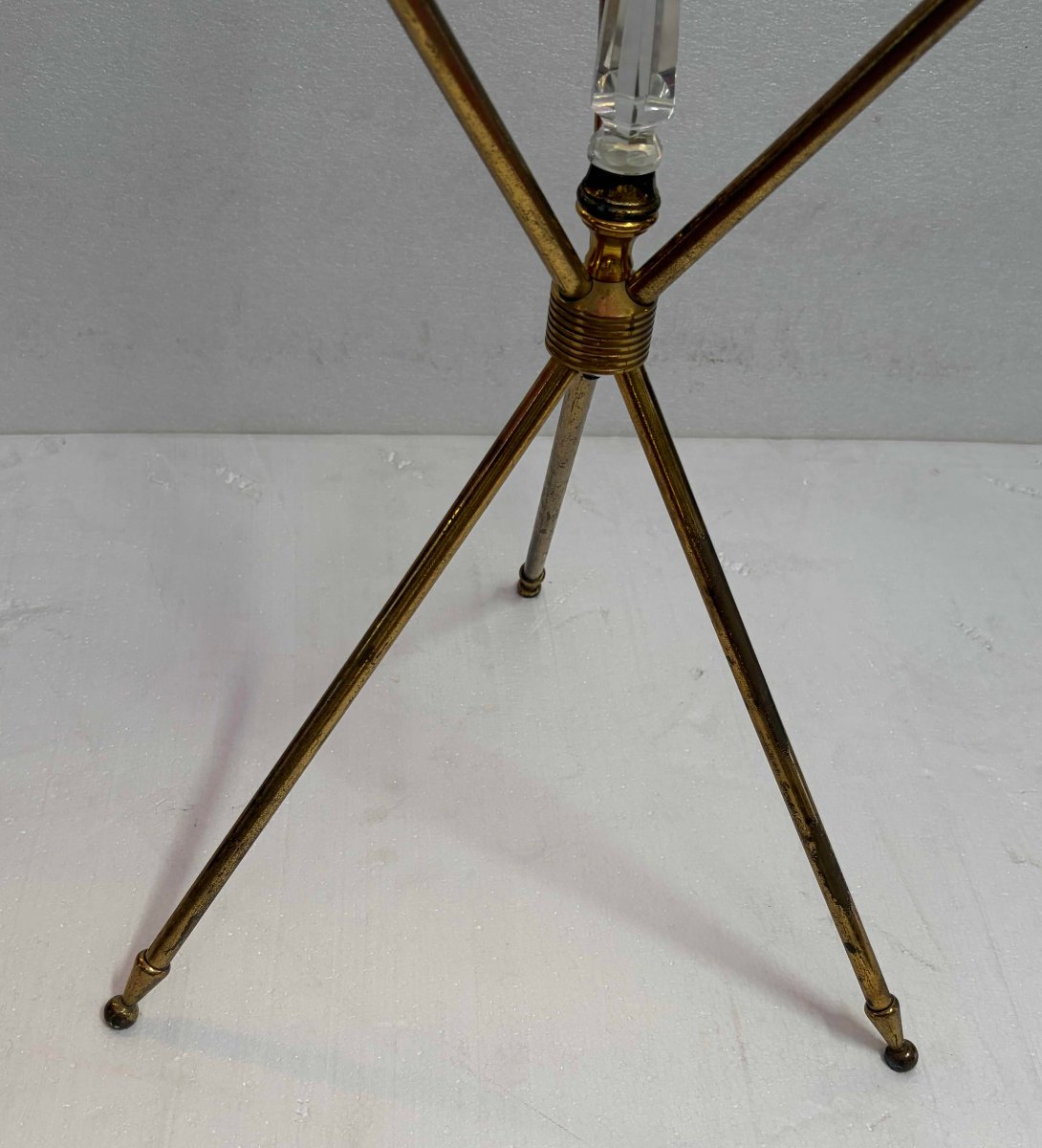 1950s Tripod Side Table Attributed To Jacques Adnet, Brass With Crystal Inlay, ø 60, H 70 Cm-photo-3