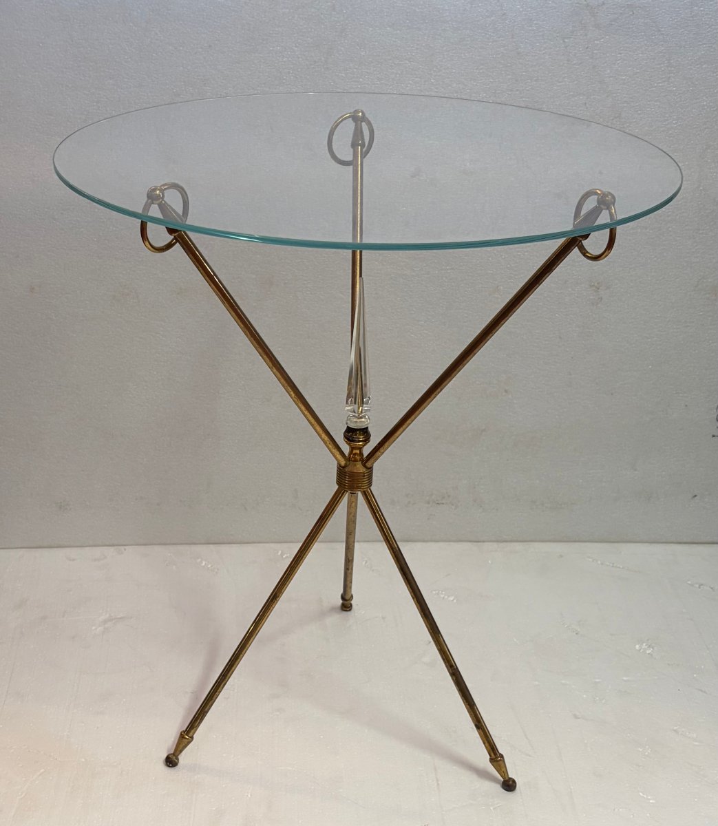 1950s Tripod Side Table Attributed To Jacques Adnet, Brass With Crystal Inlay, ø 60, H 70 Cm-photo-4