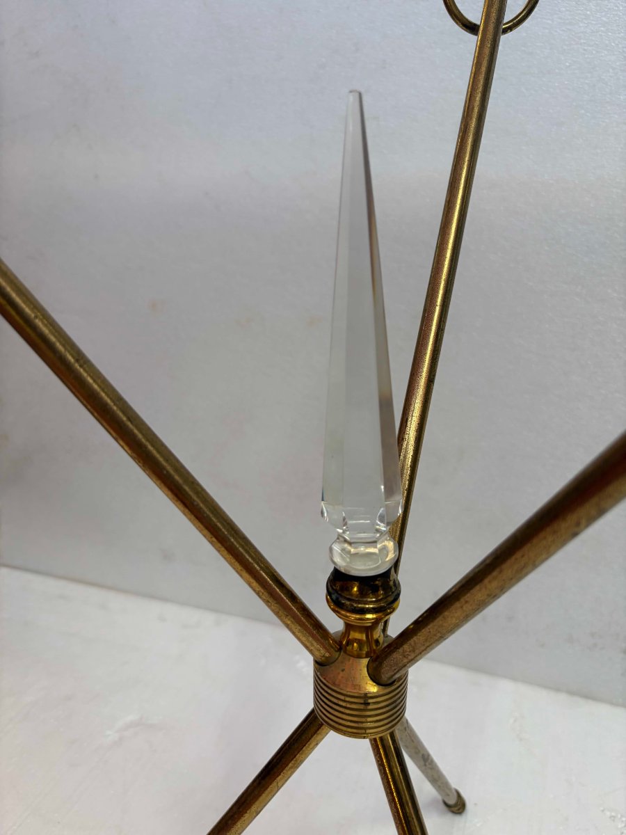 1950s Tripod Side Table Attributed To Jacques Adnet, Brass With Crystal Inlay, ø 60, H 70 Cm-photo-5