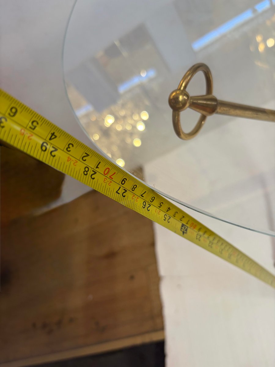 1950s Tripod Side Table Attributed To Jacques Adnet, Brass With Crystal Inlay, ø 60, H 70 Cm-photo-6
