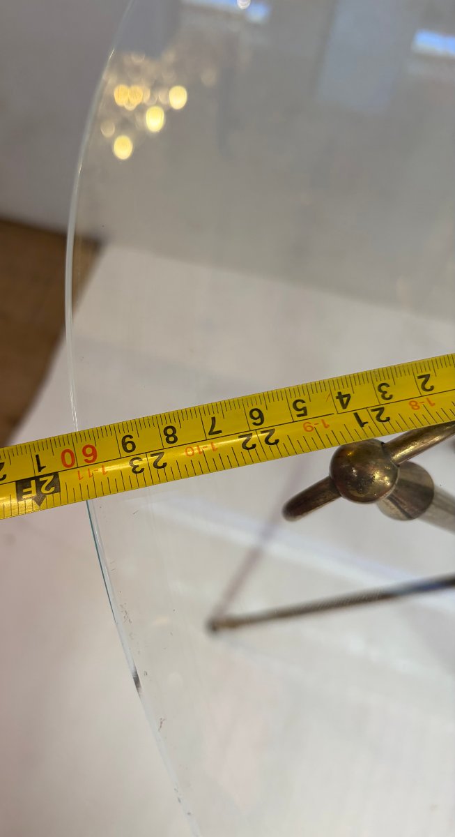 1950s Tripod Side Table Attributed To Jacques Adnet, Brass With Crystal Inlay, ø 60, H 70 Cm-photo-7