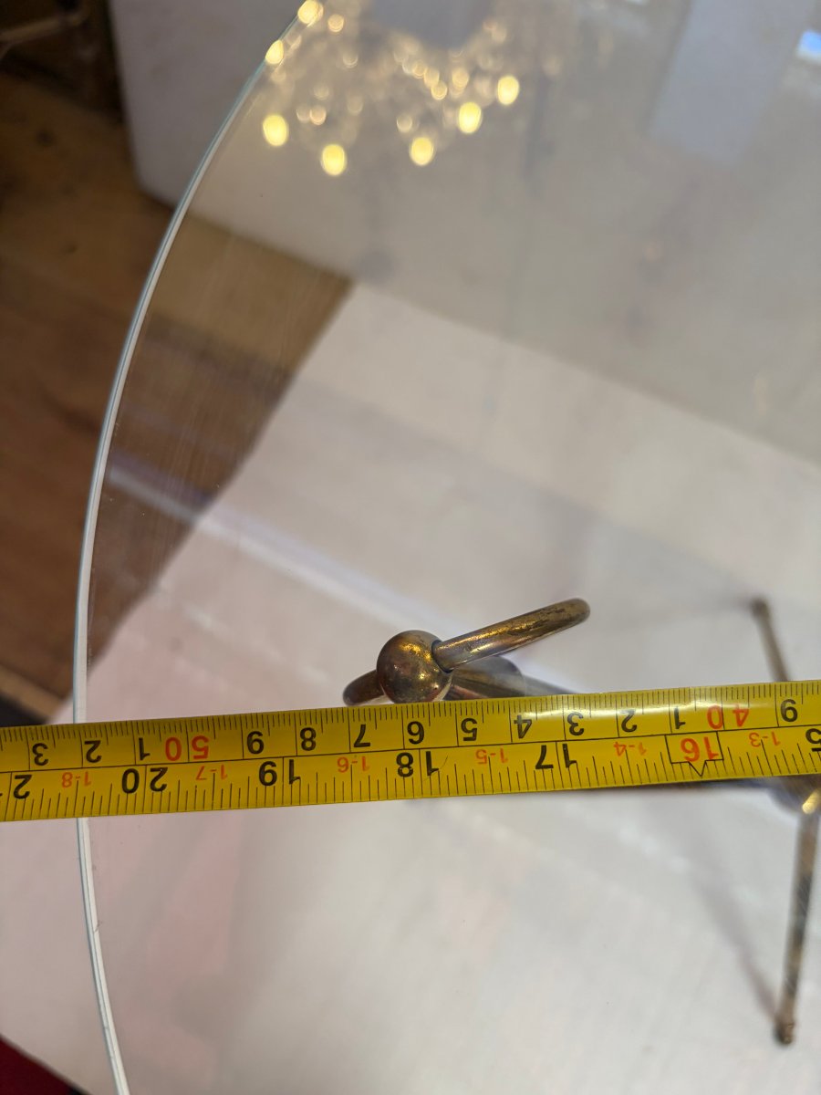 1950s Tripod Side Table Attributed To Jacques Adnet, Brass With Crystal Inlay, ø 60, H 70 Cm-photo-8
