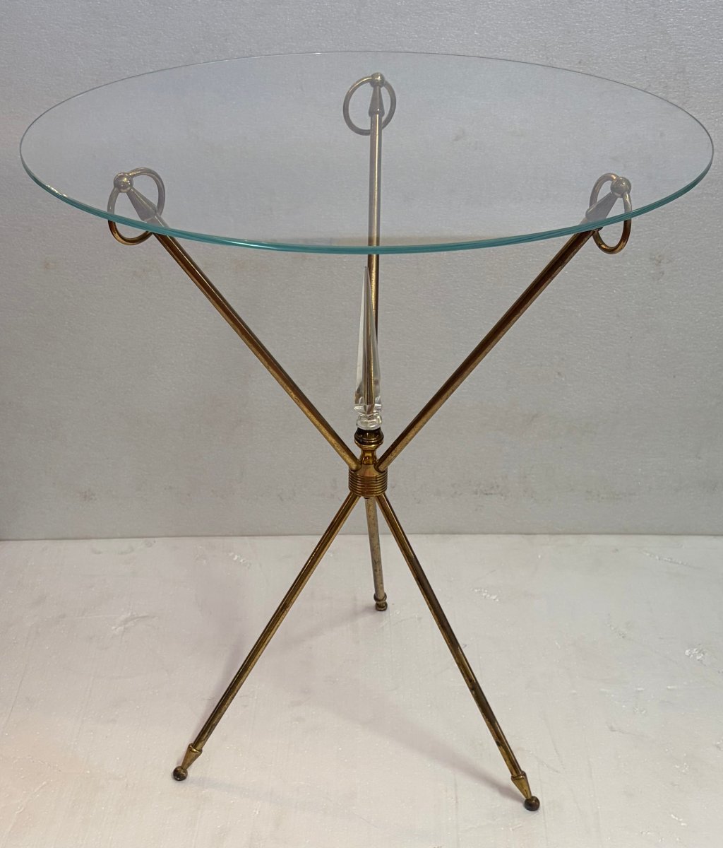 1950s Tripod Side Table Attributed To Jacques Adnet, Brass With Crystal Inlay, ø 60, H 70 Cm