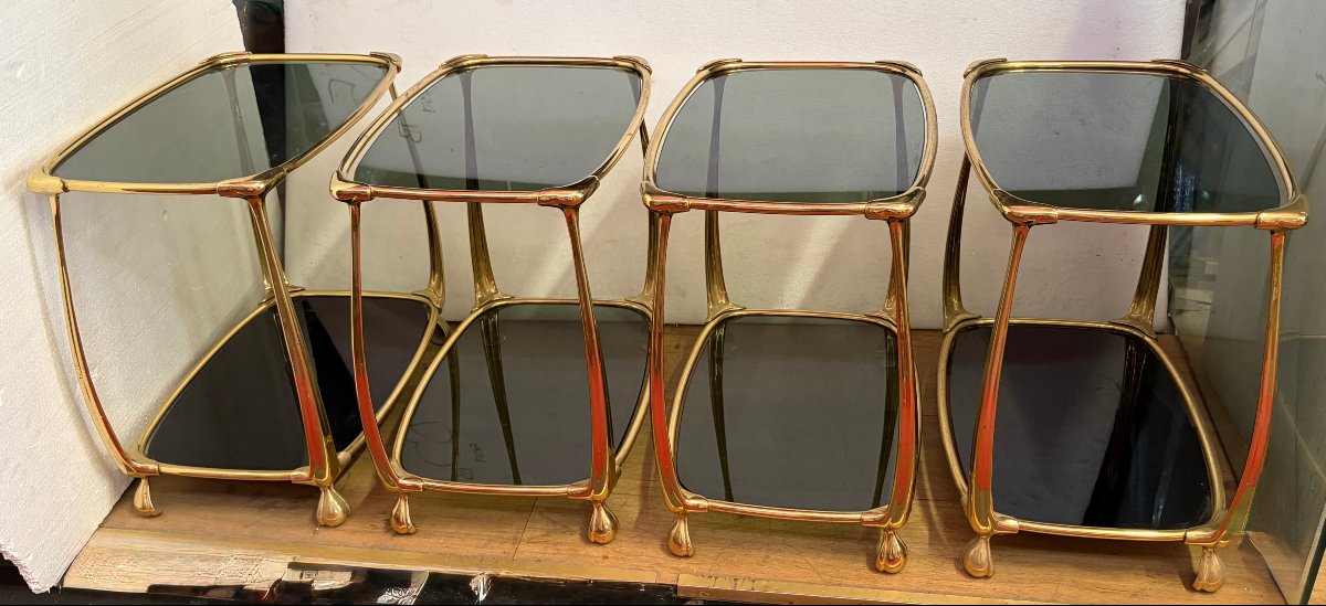 1970s–1980s: Set Of 4 Two-tiered Gilded Bronze Art Nouveau-style Tables, With Glass Tops Measuring 52 X 37 Cm-photo-2