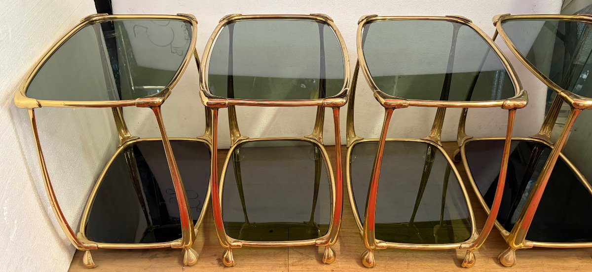 1970s–1980s: Set Of 4 Two-tiered Gilded Bronze Art Nouveau-style Tables, With Glass Tops Measuring 52 X 37 Cm-photo-3