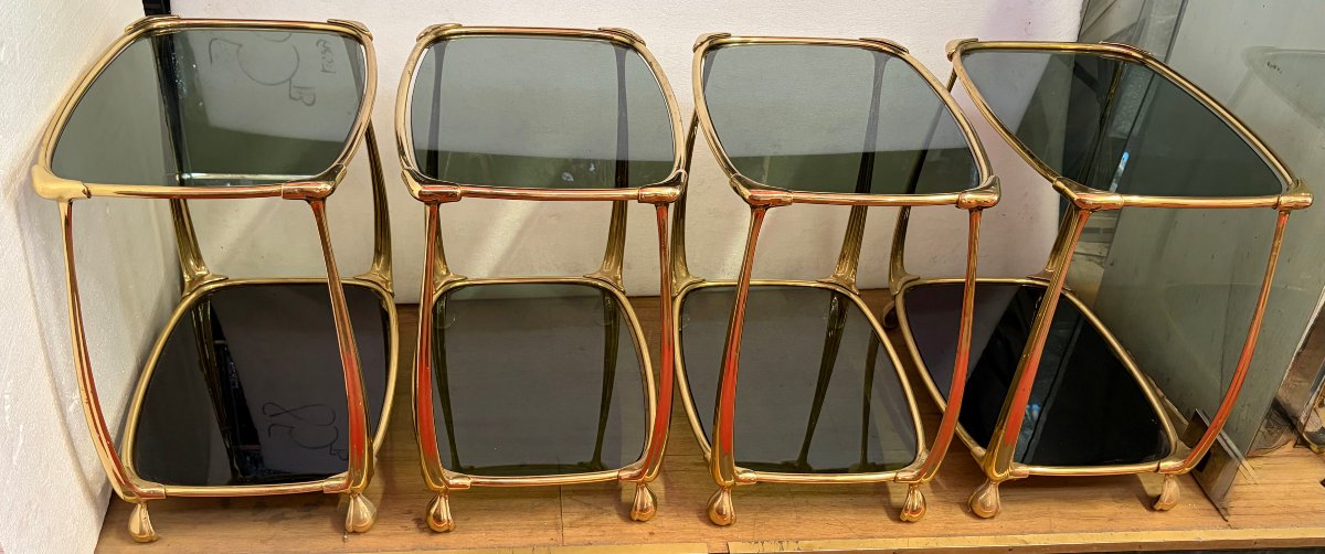 1970s–1980s: Set Of 4 Two-tiered Gilded Bronze Art Nouveau-style Tables, With Glass Tops Measuring 52 X 37 Cm-photo-4