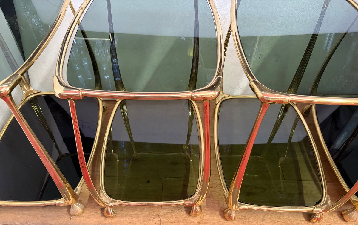 1970s–1980s: Set Of 4 Two-tiered Gilded Bronze Art Nouveau-style Tables, With Glass Tops Measuring 52 X 37 Cm-photo-1
