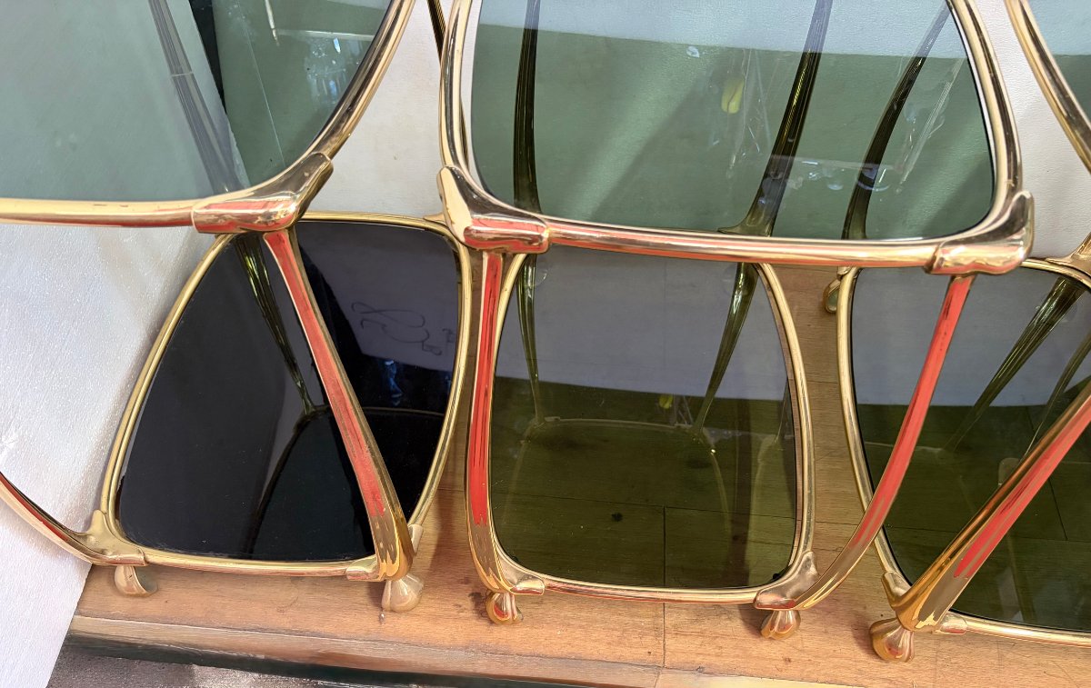 1970s–1980s: Set Of 4 Two-tiered Gilded Bronze Art Nouveau-style Tables, With Glass Tops Measuring 52 X 37 Cm-photo-2