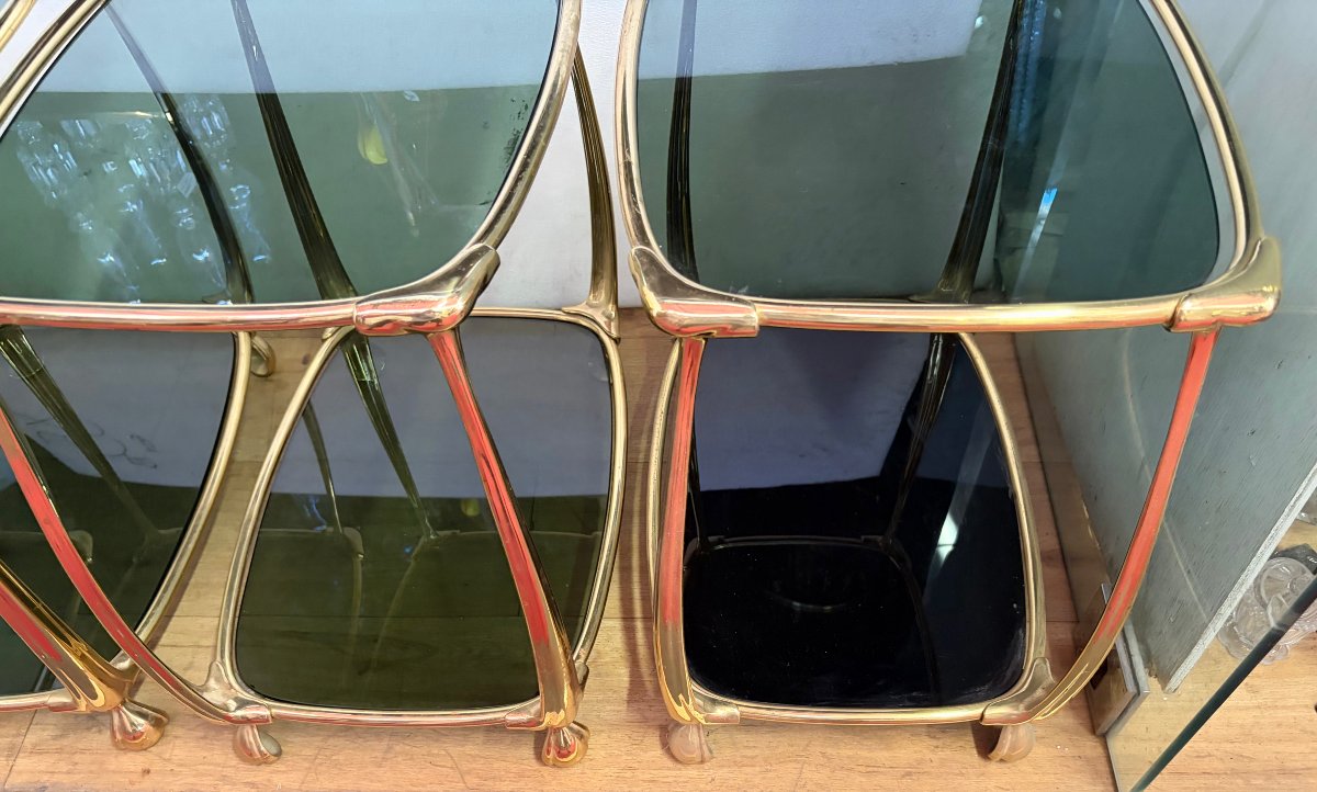 1970s–1980s: Set Of 4 Two-tiered Gilded Bronze Art Nouveau-style Tables, With Glass Tops Measuring 52 X 37 Cm-photo-4